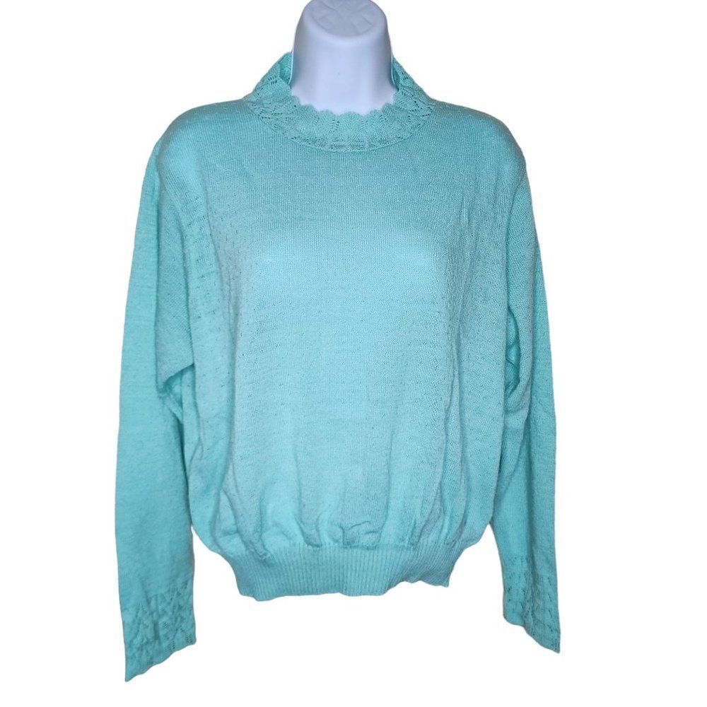 Vintage 1980s Pullover Sweater Size M Mint Green Open Knit Pinup Preppie Academi